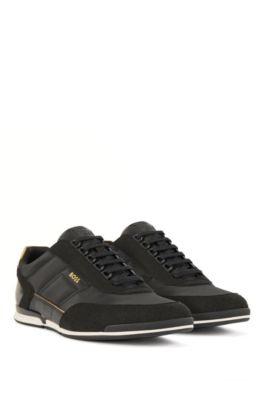Struikelen Kust Caroline Mixed-material low-profile trainers with logo counter - BOSS