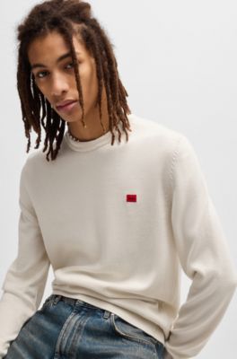 Cotton sweater with red logo label, White