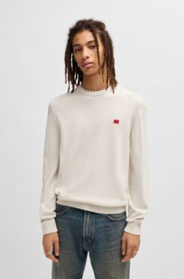 Cotton sweater with red logo label, White