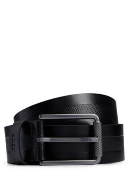 Hugo Boss Italian-leather Belt With Structured Stripe In Black