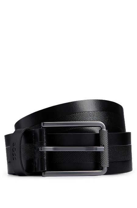 Cinturón de piel italiana con raya estructurada, Negro