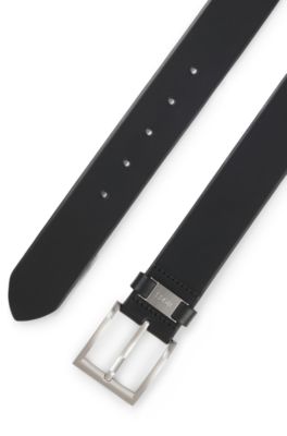 Ceinture en cuir italien avec passant logot&eacute; et d&eacute;tail m&eacute;tallique bross&eacute;, Noir