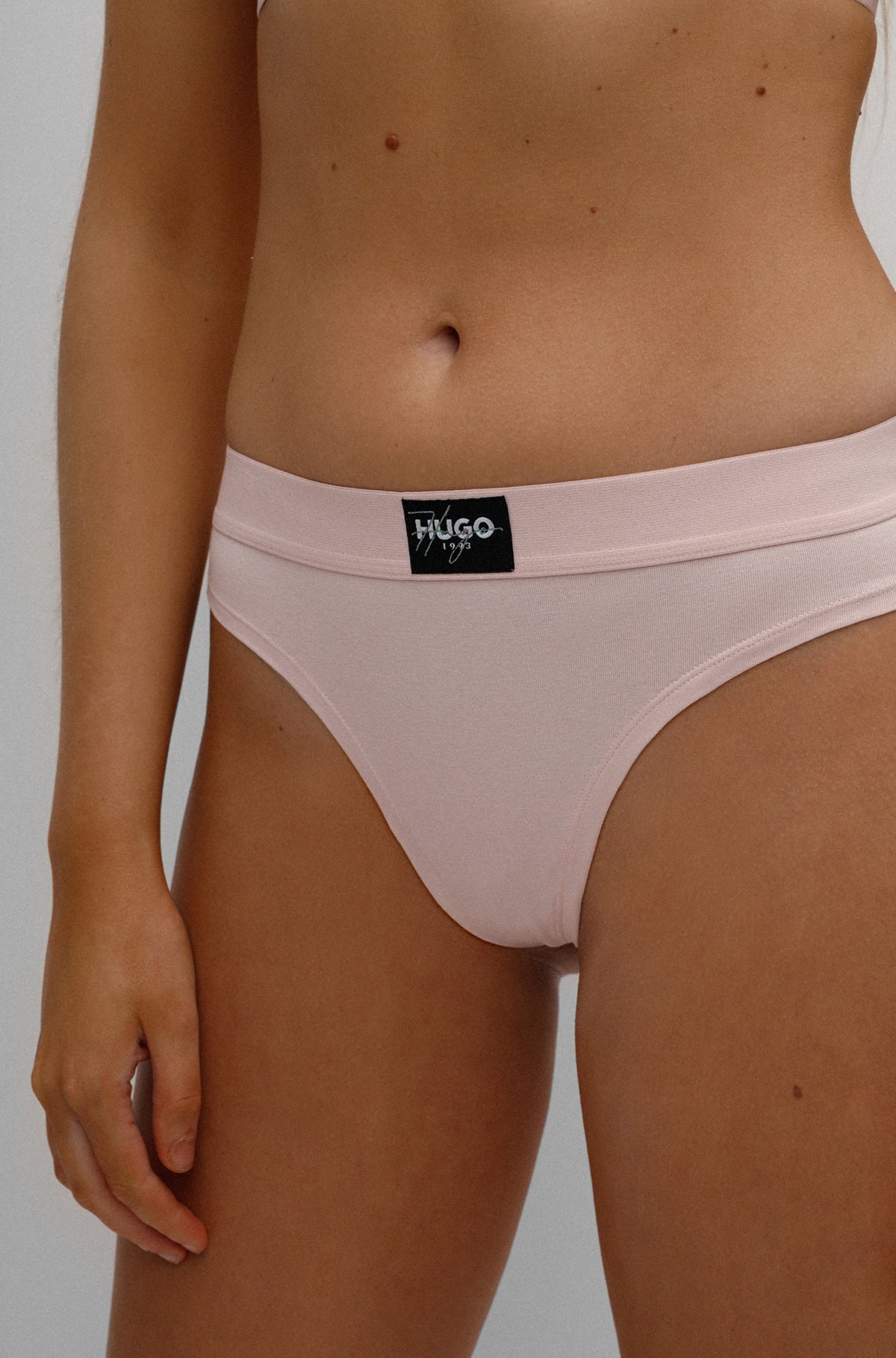 HUGO - Stretch-cotton thong briefs with logo-label waistband