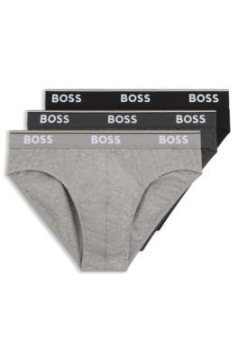 Three-pack of logo-waistband briefs in stretch cotton, Light Grey
