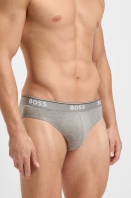 Three-pack of logo-waistband briefs in stretch cotton, Light Grey
