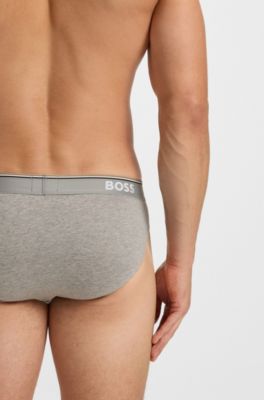 Three-pack of logo-waistband briefs in stretch cotton, Light Grey
