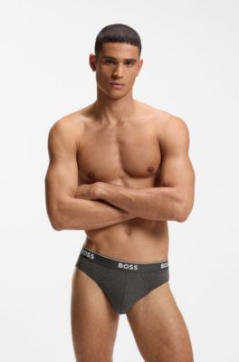 Three-pack of logo-waistband briefs in stretch cotton, Light Grey