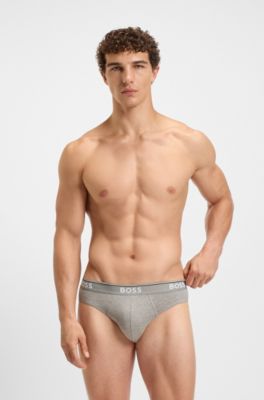Three-pack of logo-waistband briefs in stretch cotton, Light Grey
