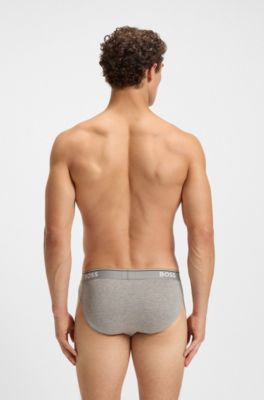 Three-pack of logo-waistband briefs in stretch cotton, Light Grey