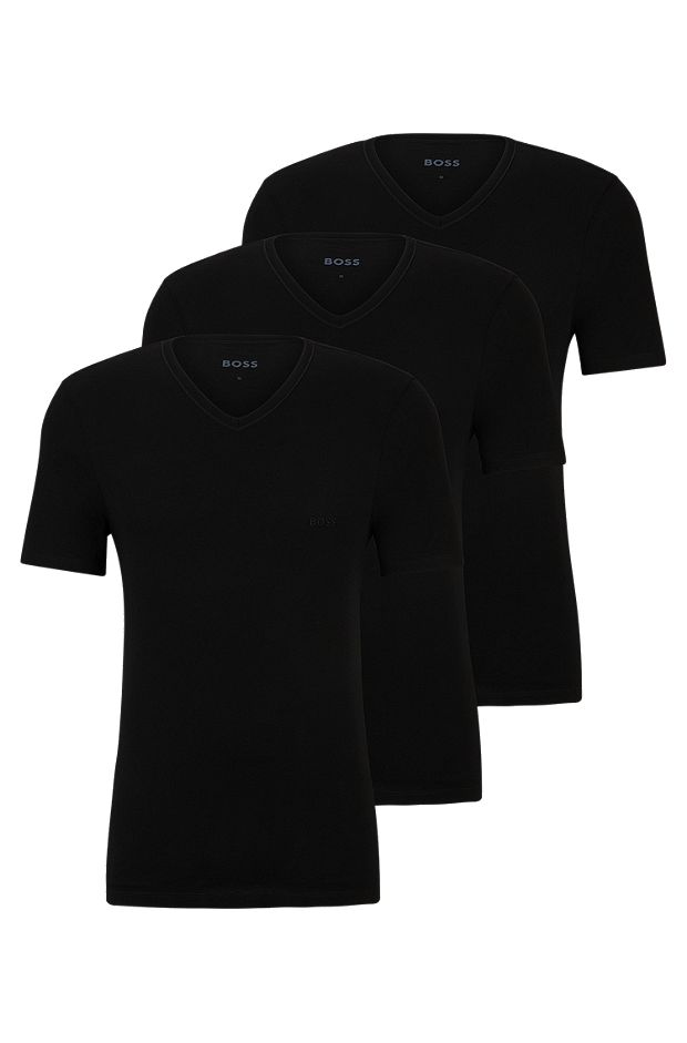 Lot de trois t-shirts en jersey de coton à col V, Noir