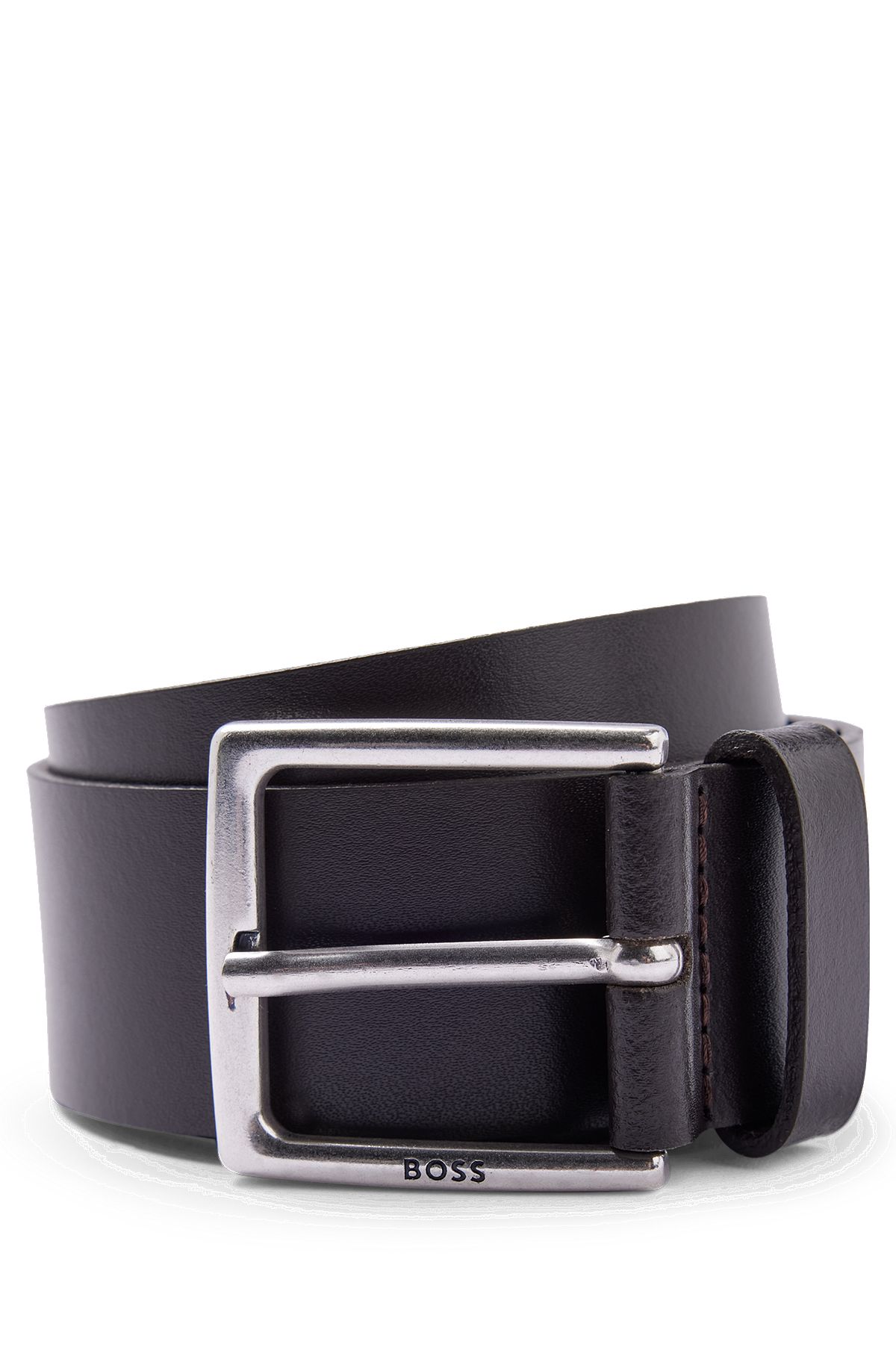 Italian-leather belt with antique-effect hardware, Dark Brown