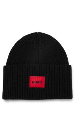 - Wool-blend red with label logo beanie hat HUGO