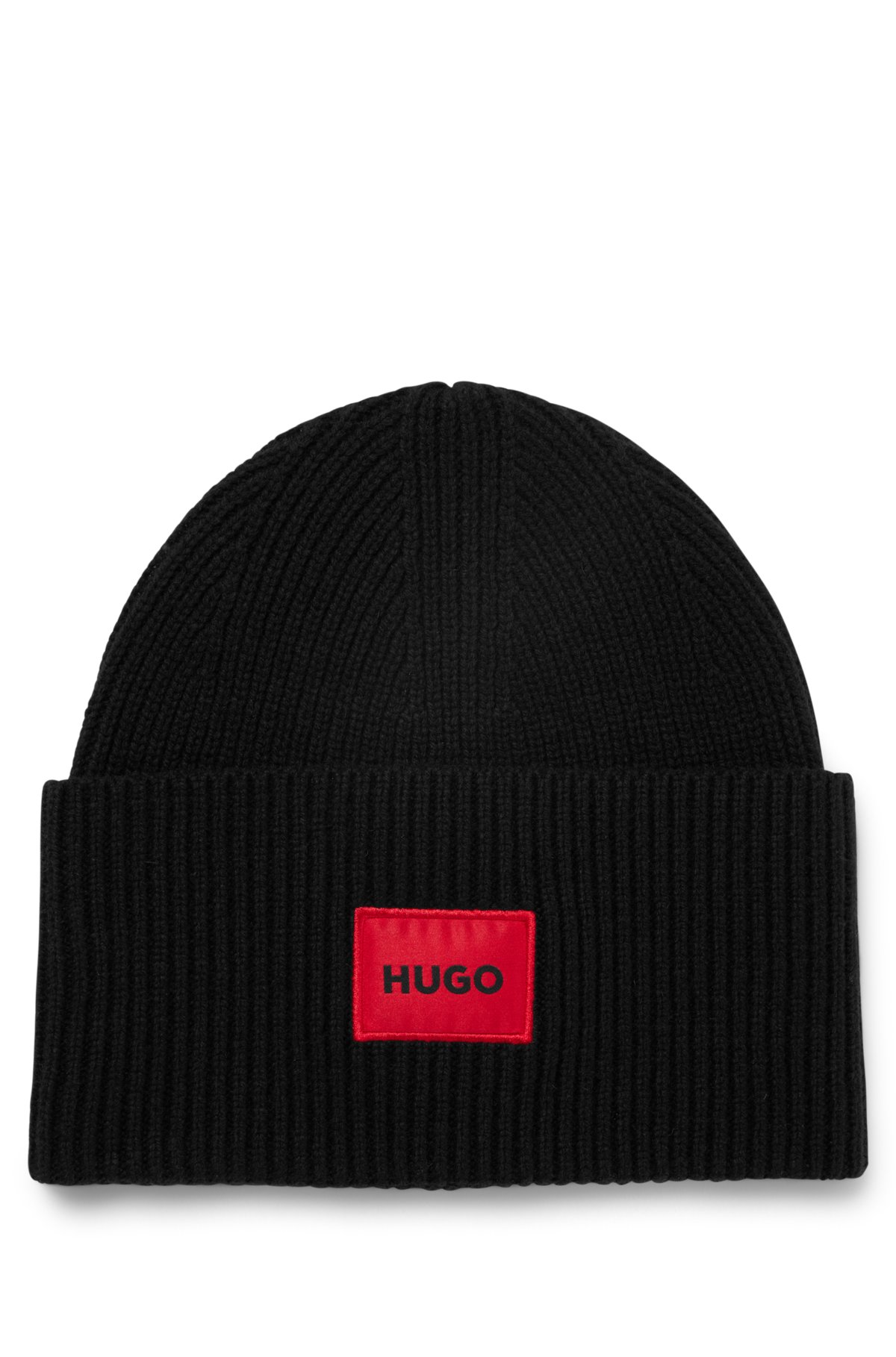 HUGO - Wool-blend beanie hat label logo red with