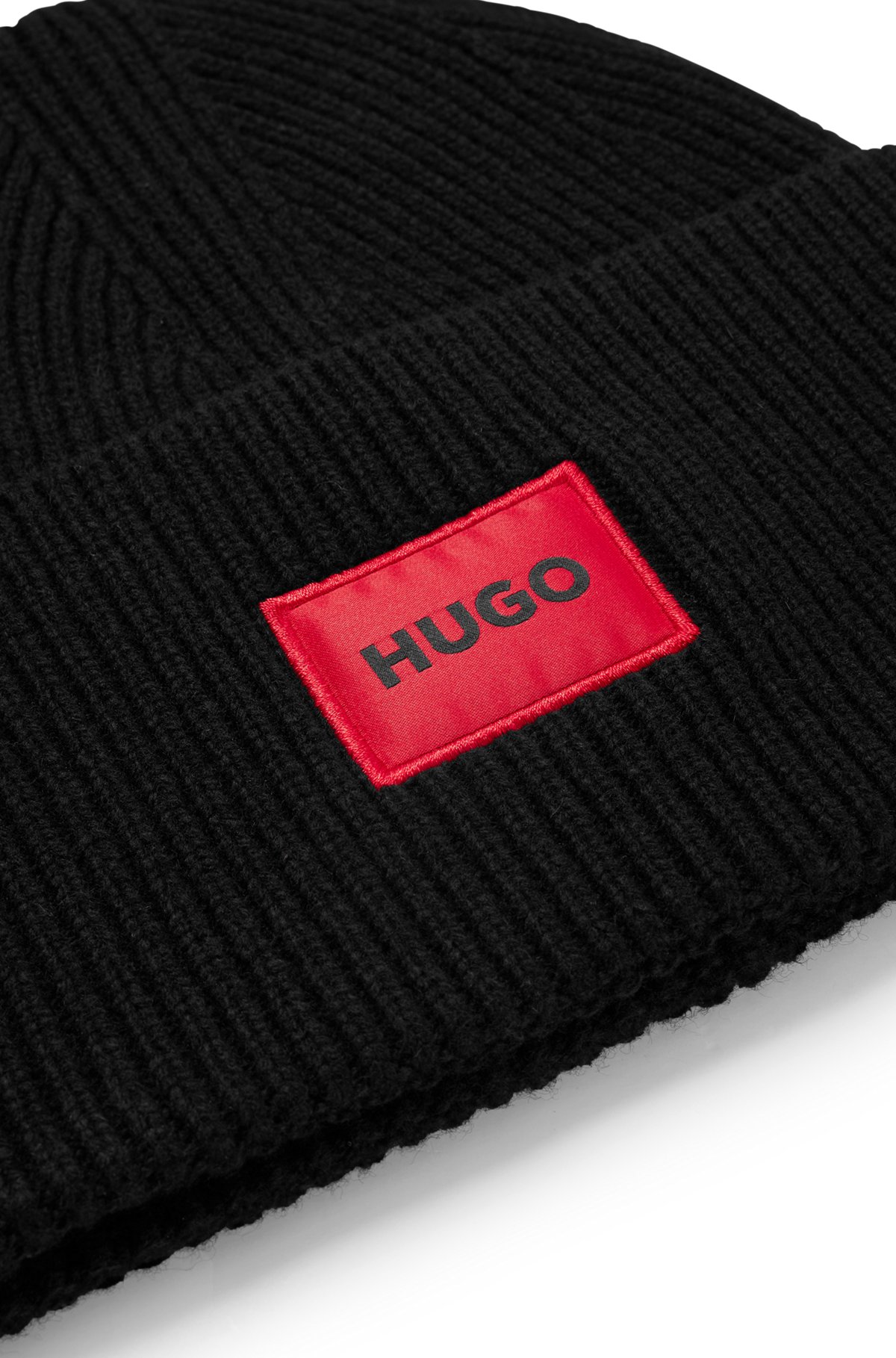 HUGO - Wool-blend beanie hat with red logo label