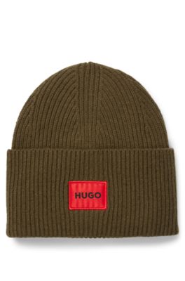 HUGO WOOL-BLEND BEANIE HAT WITH RED LOGO LABEL