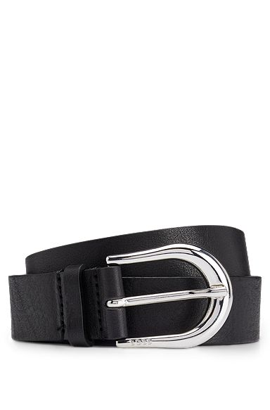 Italian-made leather belt with polished pin buckle, Black