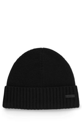 Hugo Boss Virgin-wool Beanie Hat With Faux-leather Logo Patch In Black