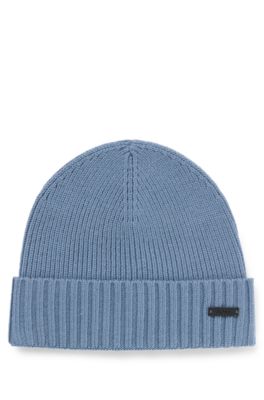 HUGO BOSS VIRGIN-WOOL BEANIE HAT WITH FAUX-LEATHER LOGO PATCH