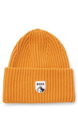 BOSS - Chunky-knit hat beanie mountain-logo badge with