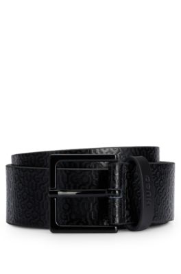 Hugo Boss Italian-leather Belt With All-over Logo Pattern In Black