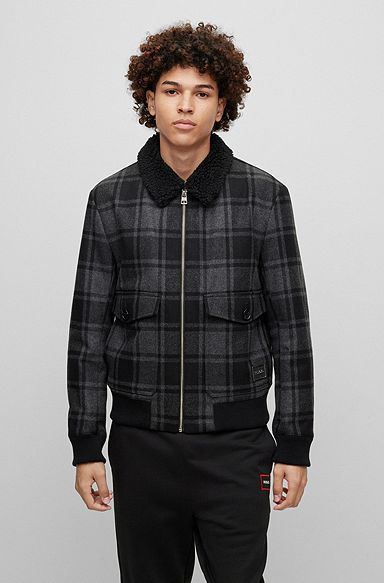 Checked wool-blend aviator jacket with teddy collar, Grey