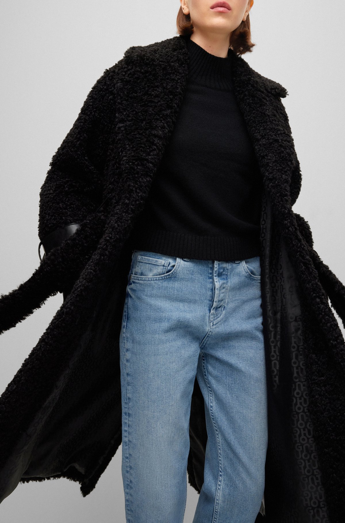 HUGO - Relaxed-fit teddy coat with faux-leather trims