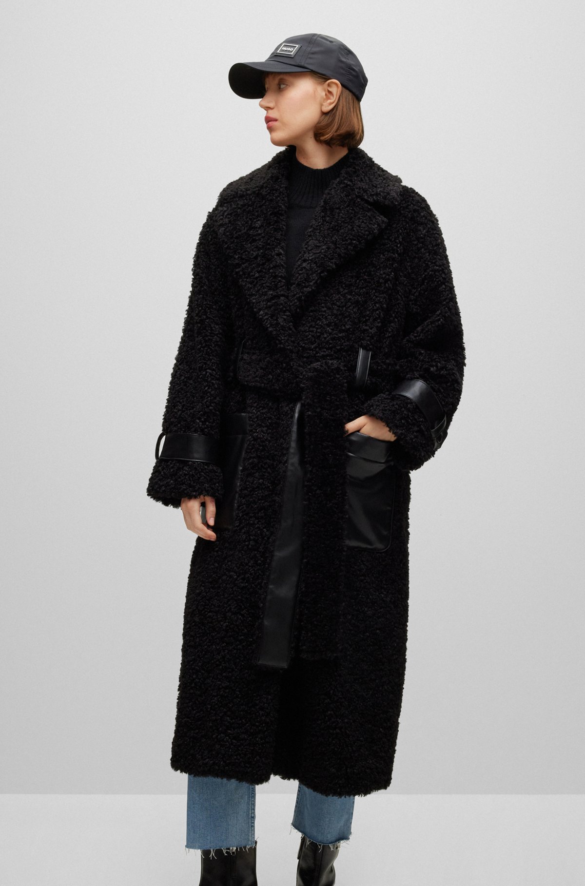HUGO - Relaxed-fit teddy coat with faux-leather trims