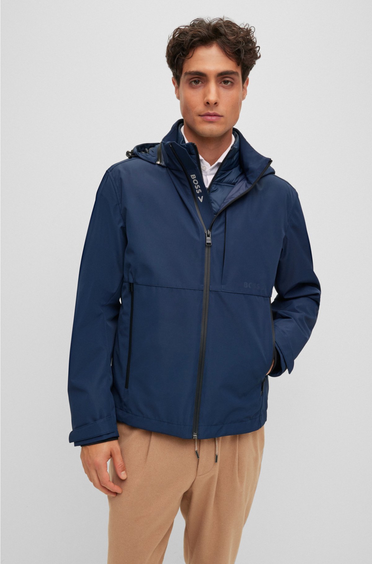 BOSS - Water-repellent jacket with logo details and removable gilet