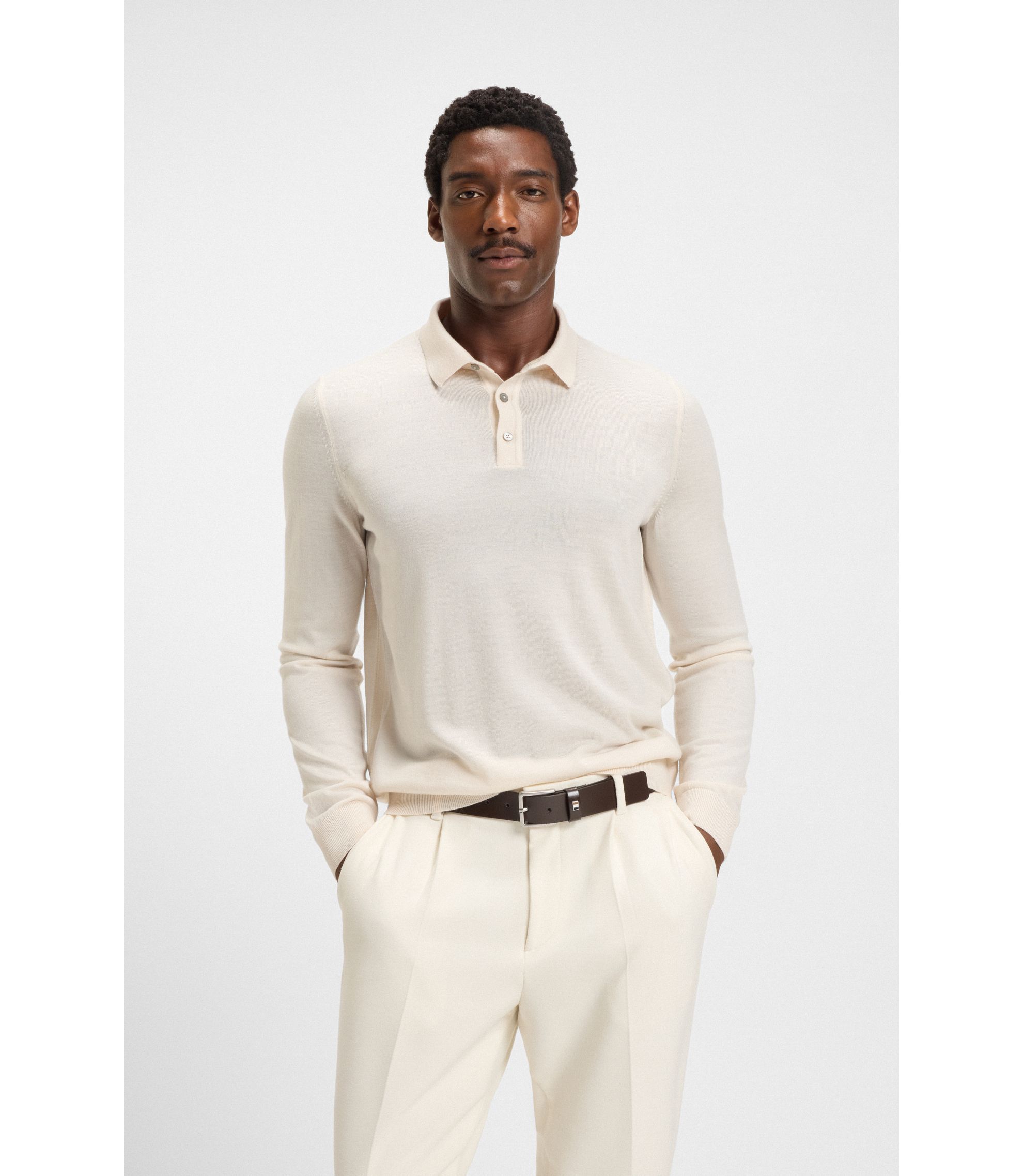 BOSS - Knitted polo sweater in virgin wool - White