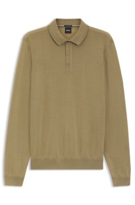 Knitted polo sweater in virgin wool, Khaki