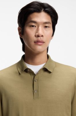 Pull Regular Fit en laine vierge avec col polo, Kaki