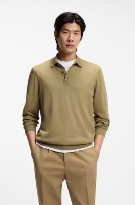 Pull Regular Fit en laine vierge avec col polo, Kaki