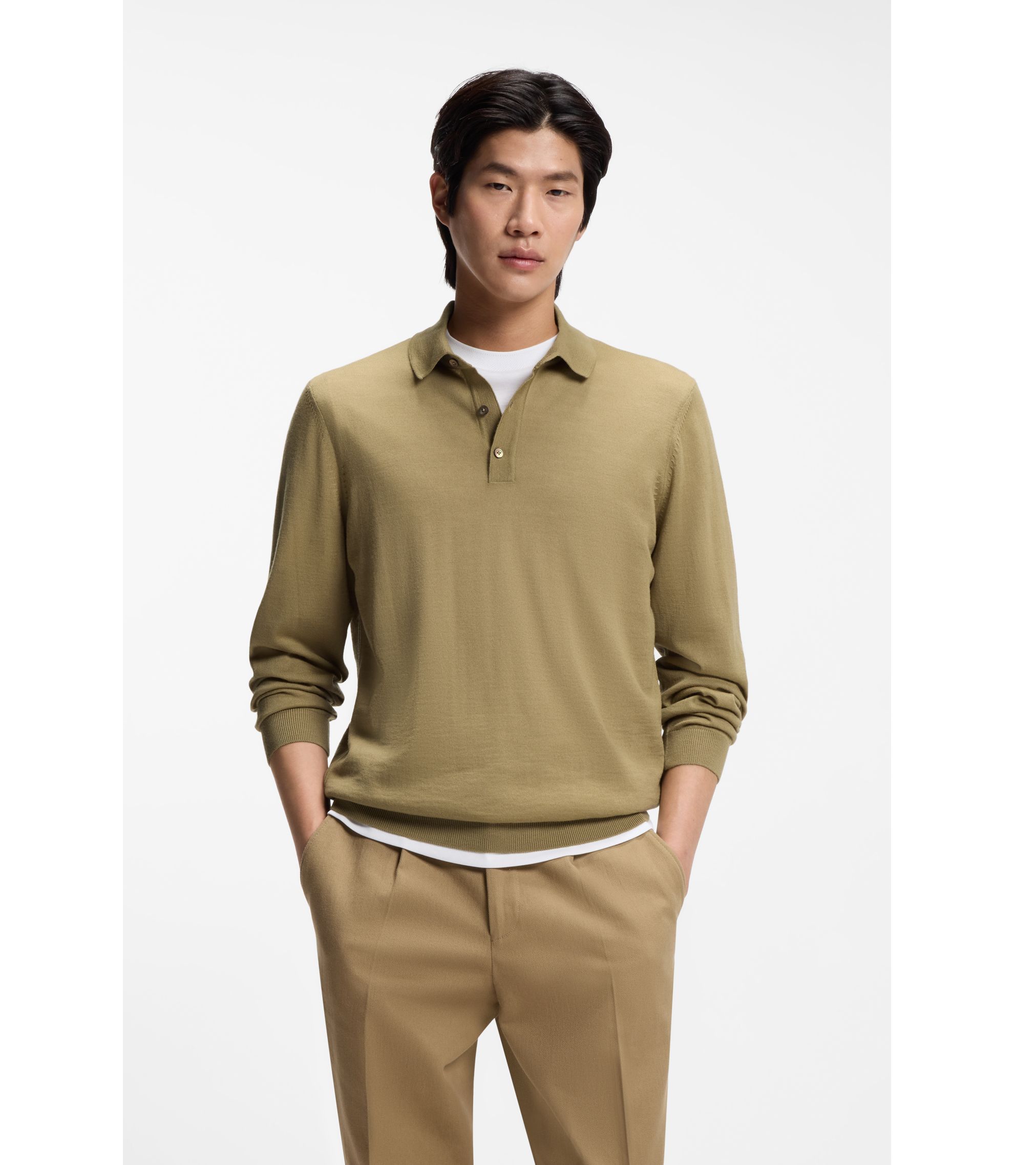 BOSS - Knitted polo sweater in virgin wool - Khaki