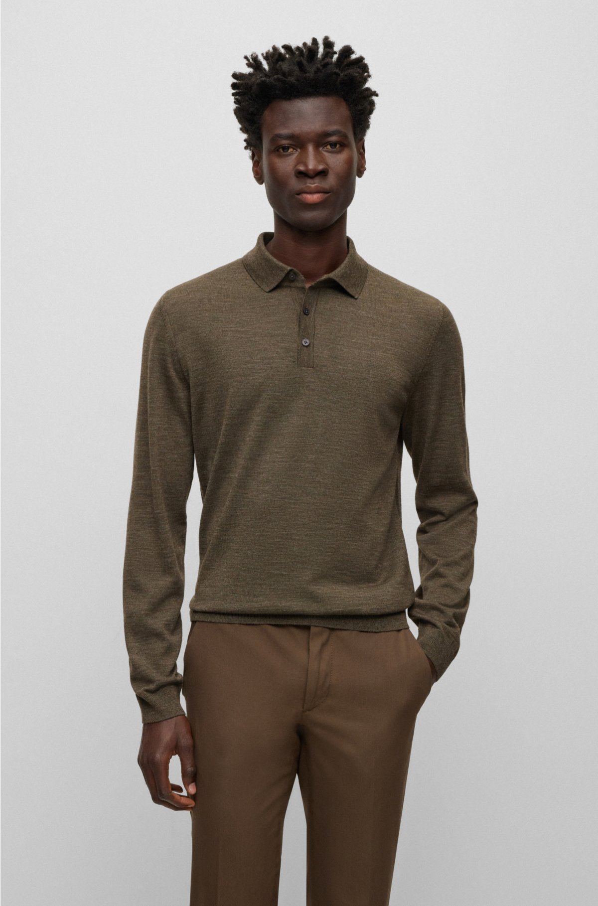 BOSS - Slim-fit sweater in wool with polo collar