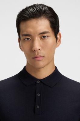 Polo de punto regular fit en lana virgen, Azul oscuro