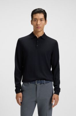Knitted polo sweater in virgin wool, Dark Blue