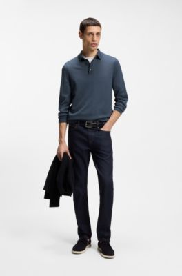 Pull Regular Fit en laine vierge avec col polo, bleu clair