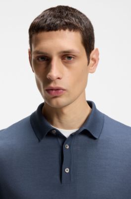 Knitted polo sweater in virgin wool, Light Blue