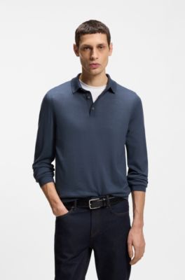 Pull Regular Fit en laine vierge avec col polo, bleu clair