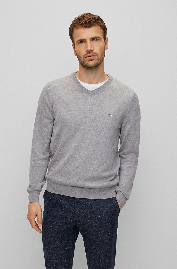  V-neck sweater in wool, Silver