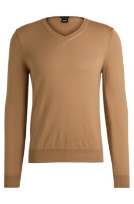 Hugo Boss V-neck Sweater In Responsible Wool In Beige