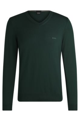 BOSS Wool regular fit sweater with embroidered logo Light Green