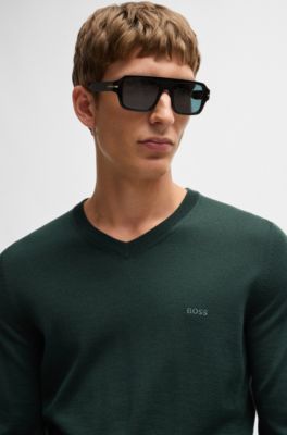 Jersey de lana virgen con cuello en pico y logo bordado, Cal