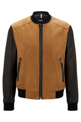 Hugo Boss Bomber Jacket In Suede And Leather In Beige
