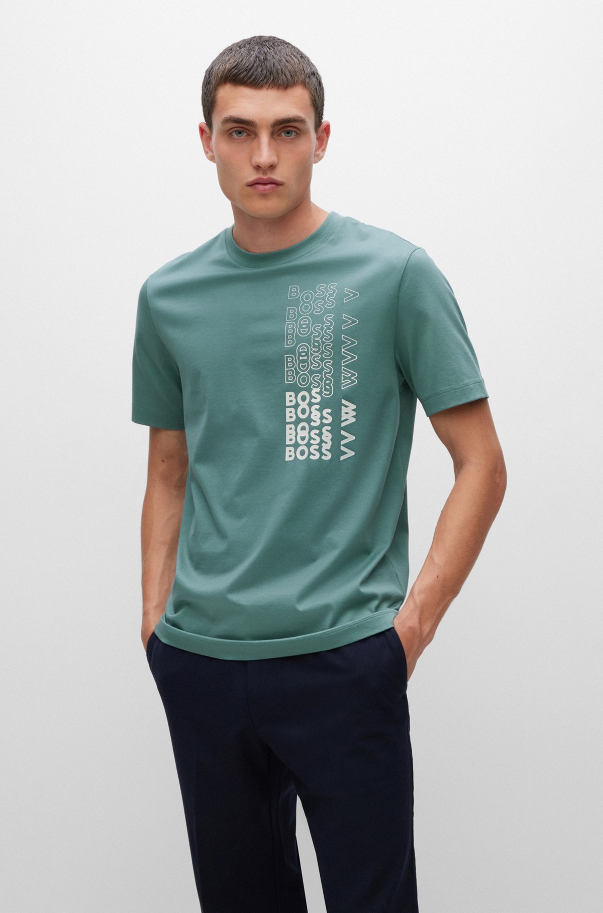 Convencional Frustración té BOSS - Camiseta en punto de algodón con logo estampado y acabado antisudor