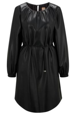 BOSS Faux leather long sleeved dress with tie belt