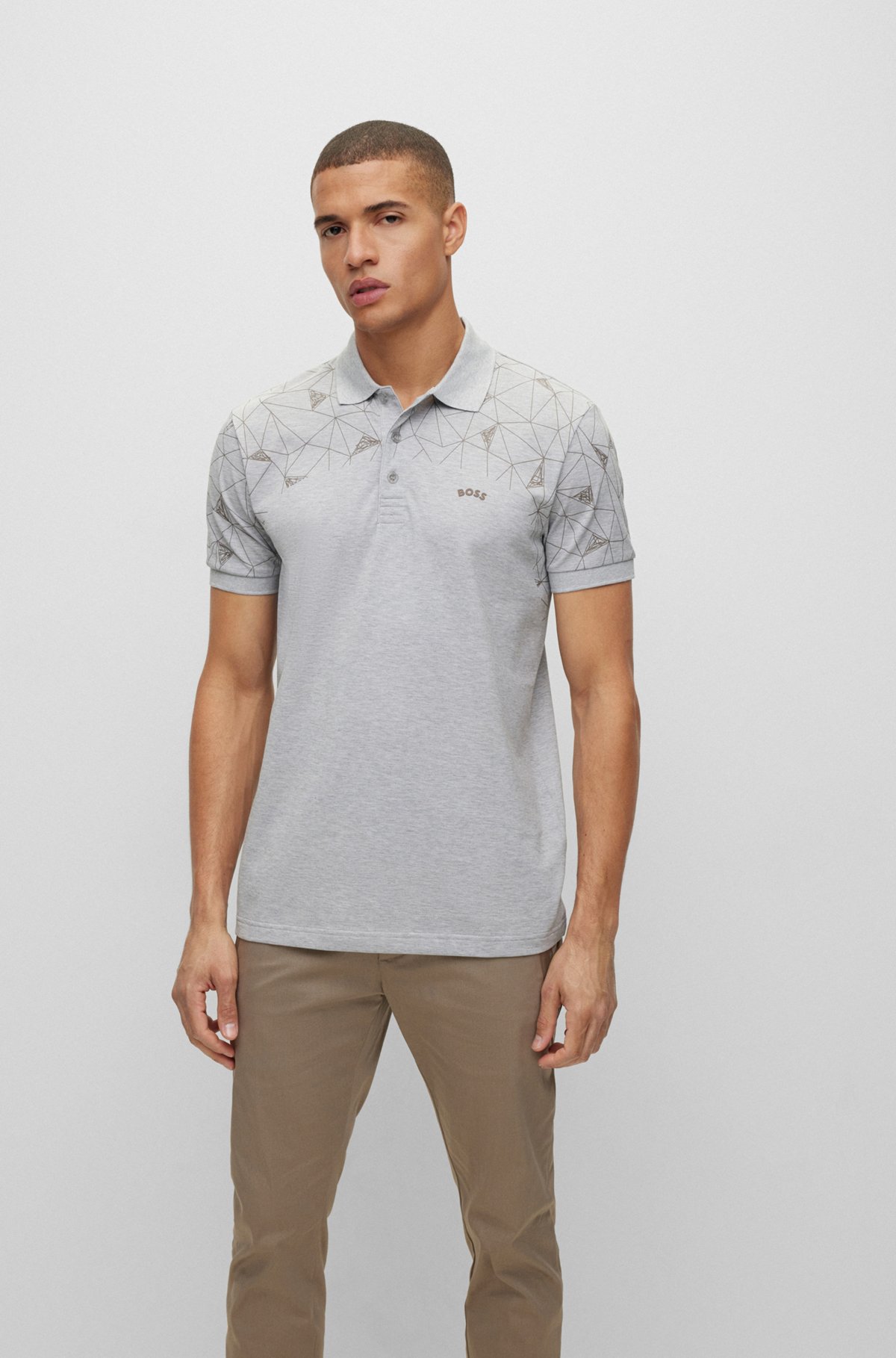 BOSS - Cotton-blend slim-fit polo shirt with grid artwork