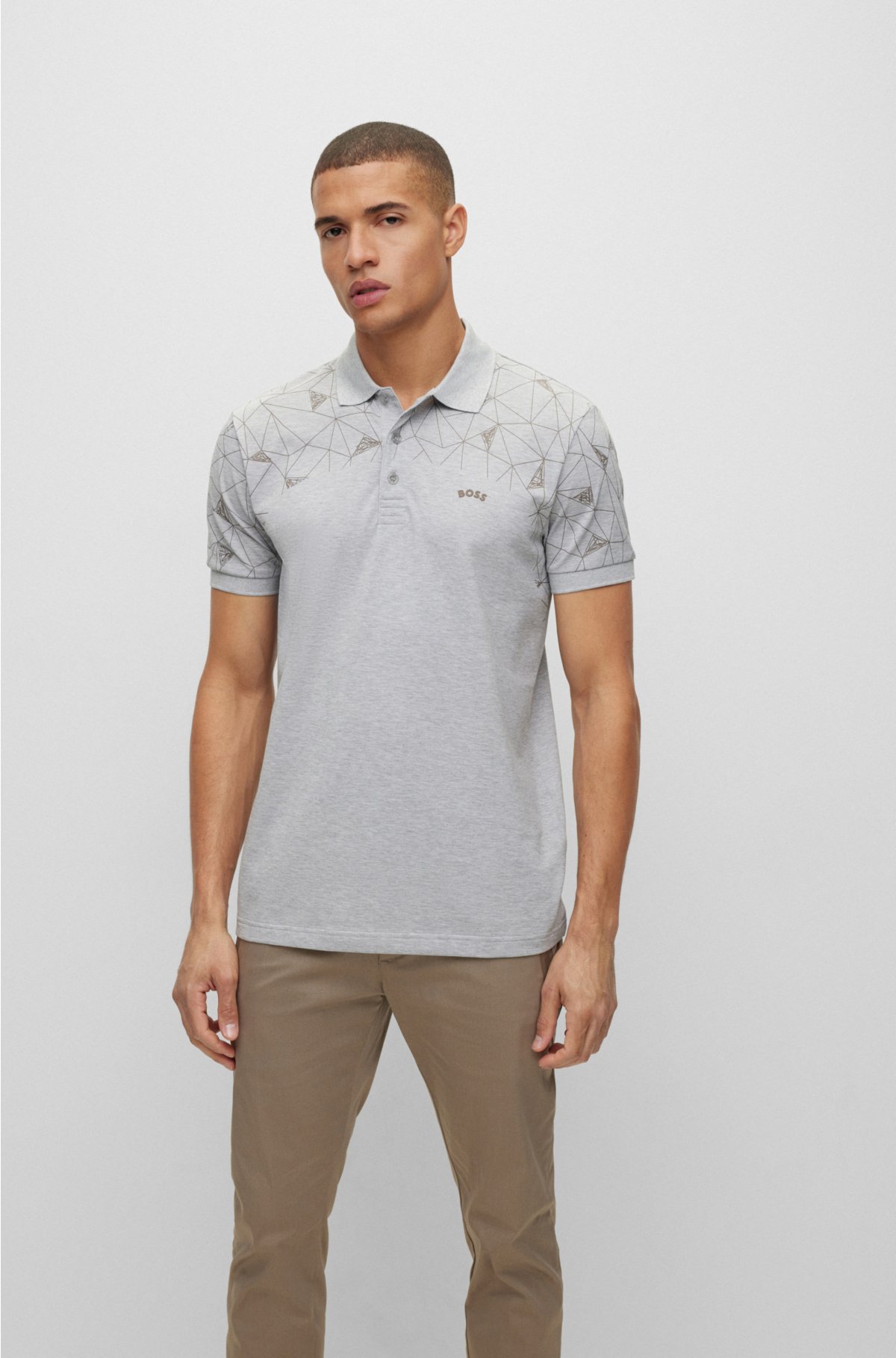 BOSS - Cotton-blend slim-fit artwork grid shirt with polo