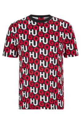 HUGO - Organic-cotton T-shirt with all-over logos