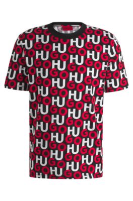 HUGO Cotton T shirt with all over stacked logos